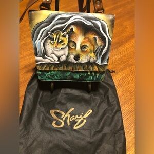 Sharif Hand-Painted Dog & Cat Art Crossbody Bag 9x9 In